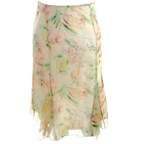 Ralph Lauren Ecru Yellow-Cream Floral Airy Silk Trumpet Flared Dress Skirt L 10